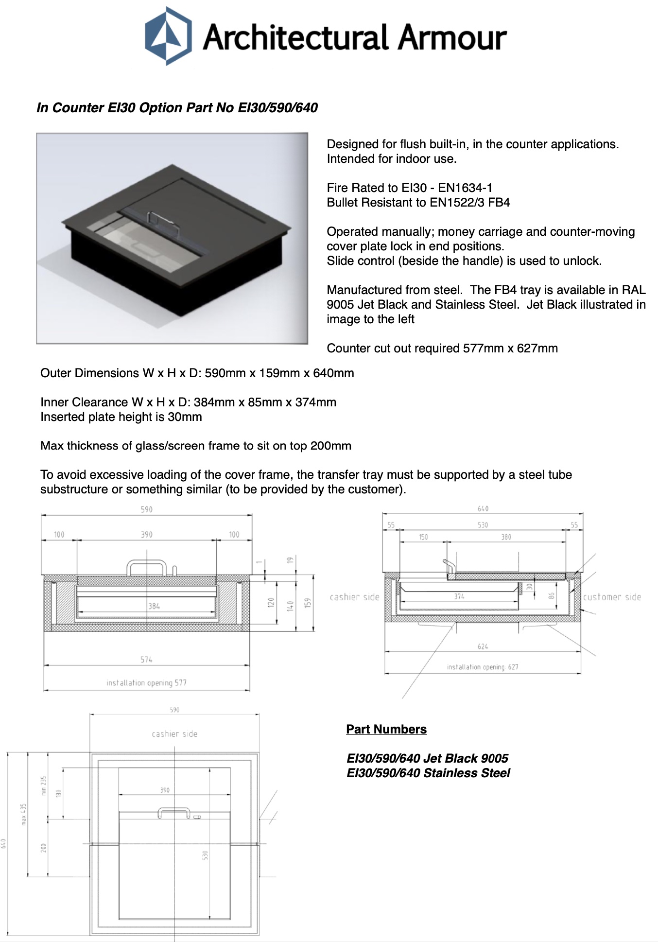 EI30 FR Tray - Fire Rated Bullet Transaction Tray